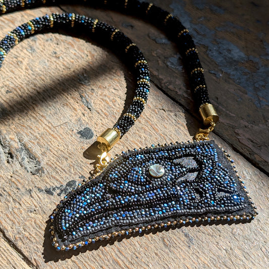 Night Sky Raven Beaded Medallion Necklace