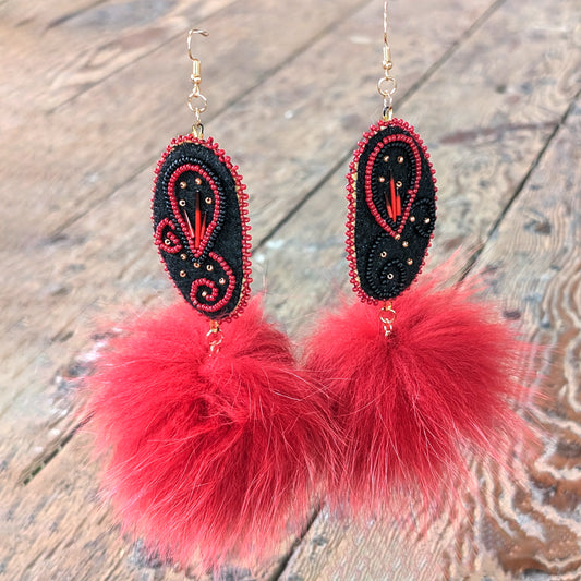 Red Rabbit Fur Pom Pom Red & Black Dangling Earrings