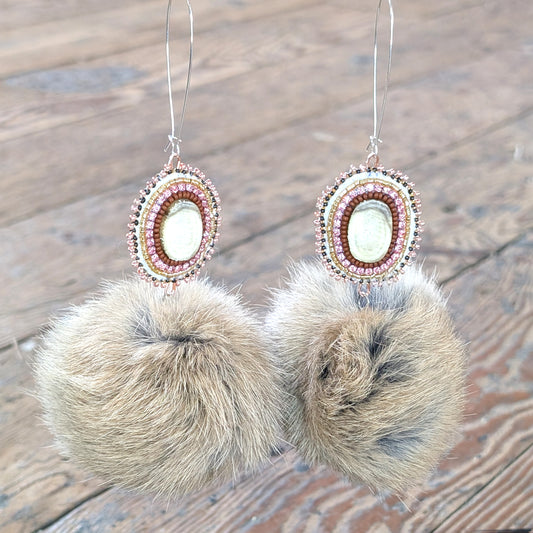 Rose Gold Beaded Deer Antler Rabbit Fur Earrings