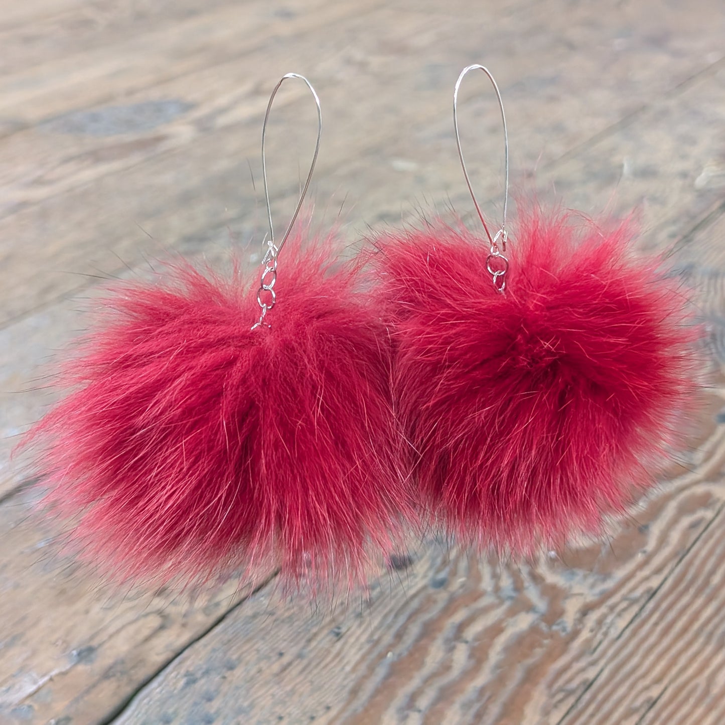 Silver Hoop Red Fox Fur Pom Pom Earrings