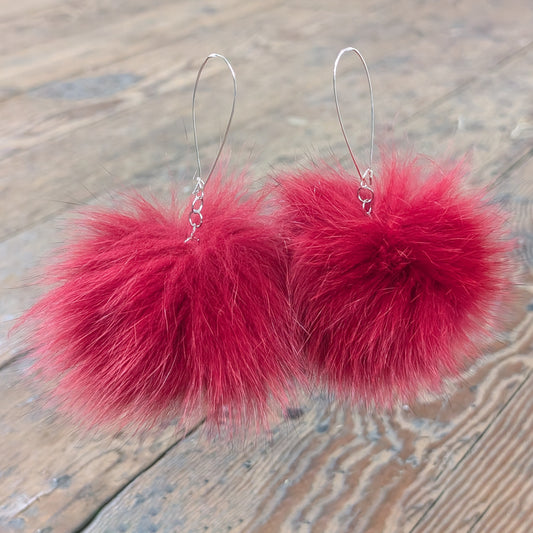 Silver Hoop Red Fox Fur Pom Pom Earrings