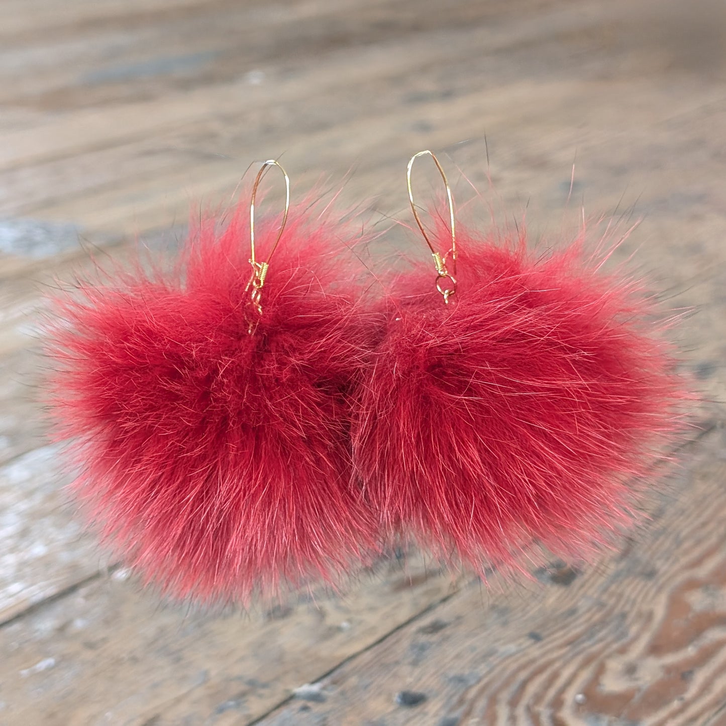 Gold Hoop Red Fox Fur Pom Pom Earrings