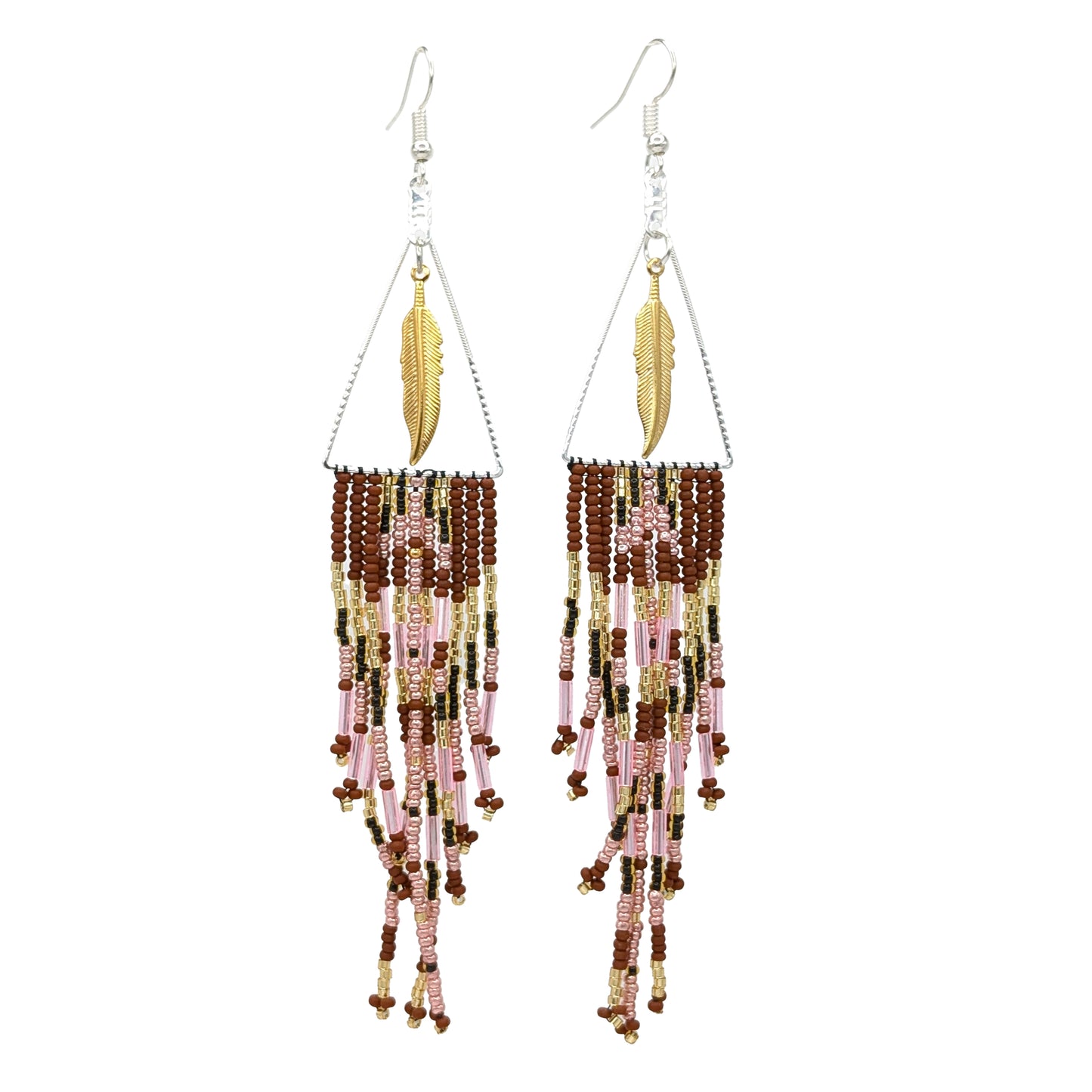 Gold Feather Pendant Geo Pink, Brown & Topaz Beaded Fringe Earrings