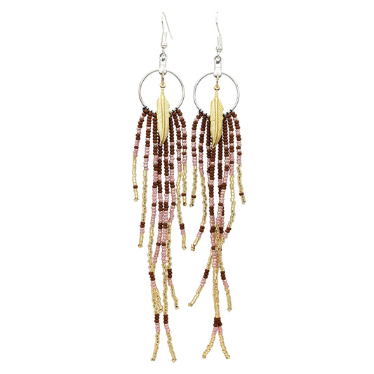 Gold Feather Pendant Geo Pink, Brown Beaded Fringe Earrings