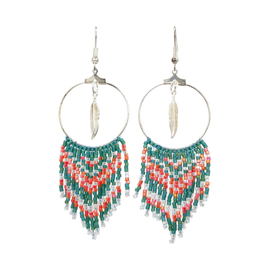 Silver Feather Pendant Geo Turquoise & Coral Beaded Fringe Earrings