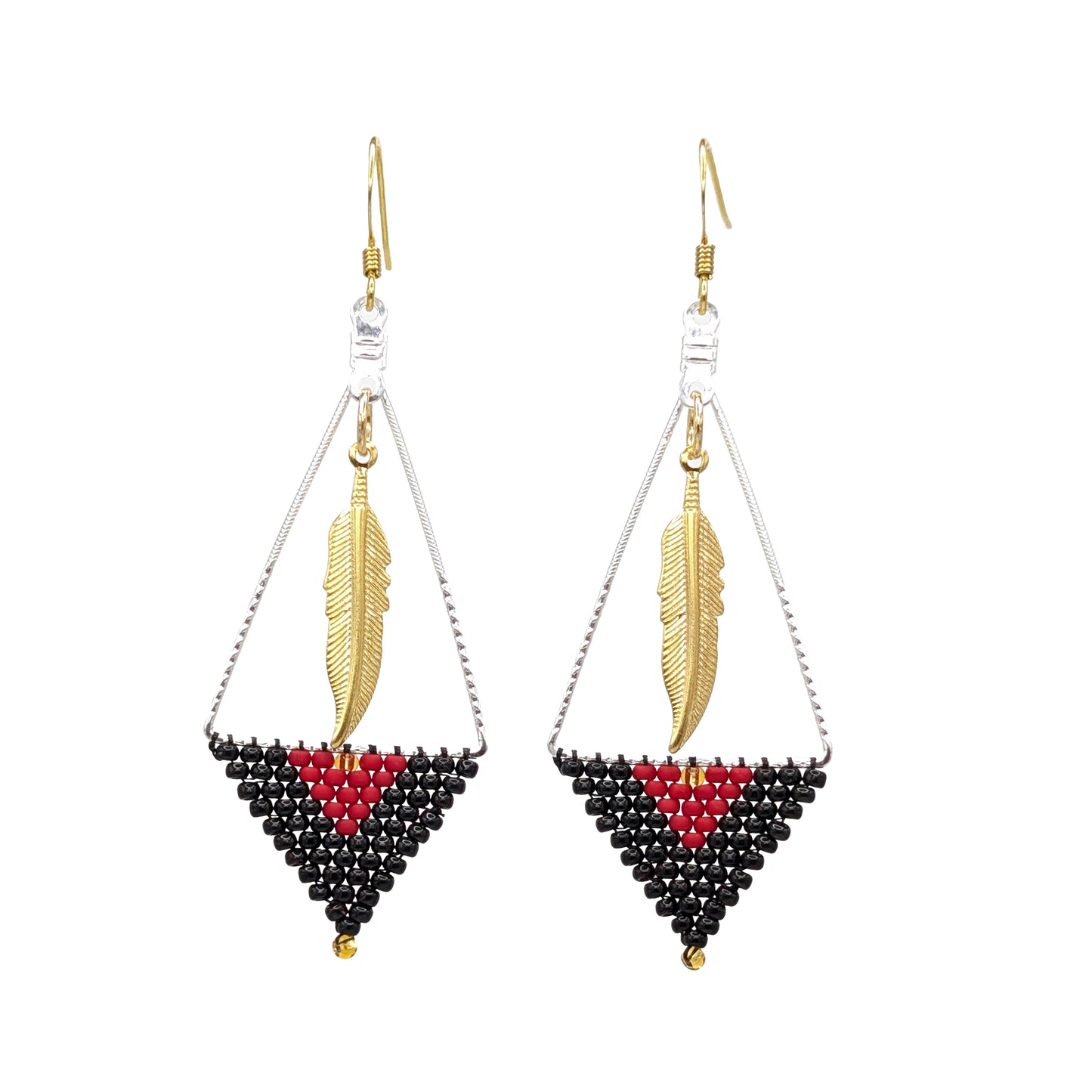 Gold Feather Brick Stitched Geo Black & Red Dangling Earrings