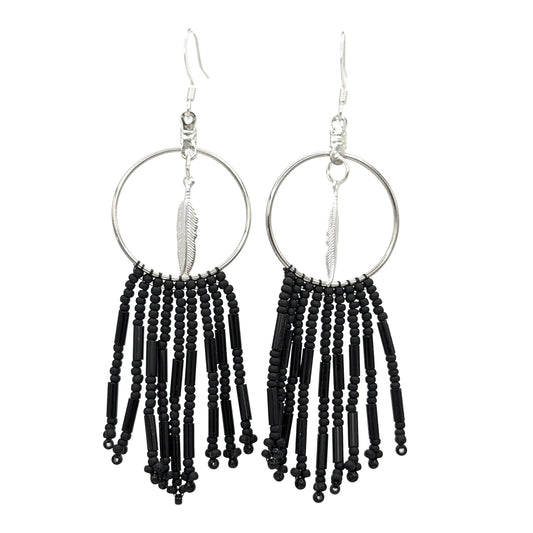 Silver Feather Pendant Circle Fringe Earrings