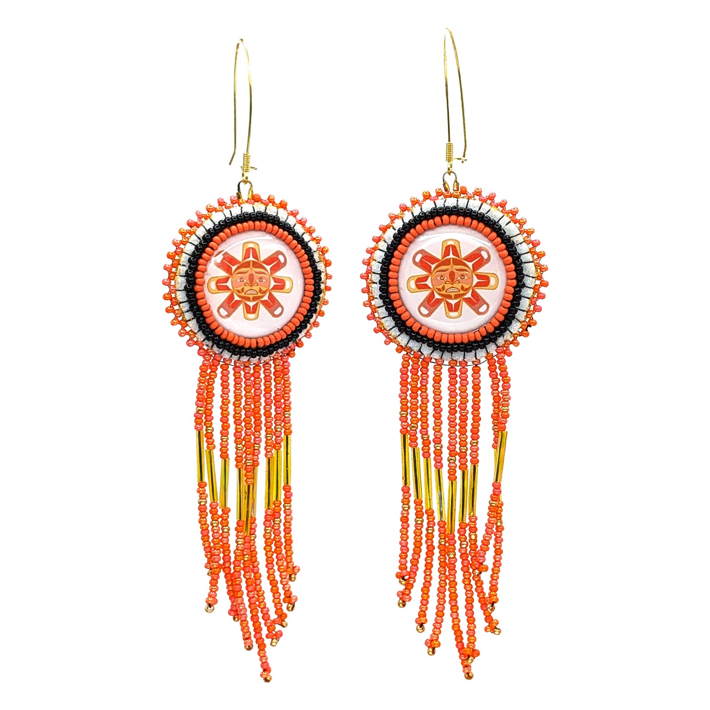 Coastal Orange Sun and Yellow Chevron Fringe Earrings