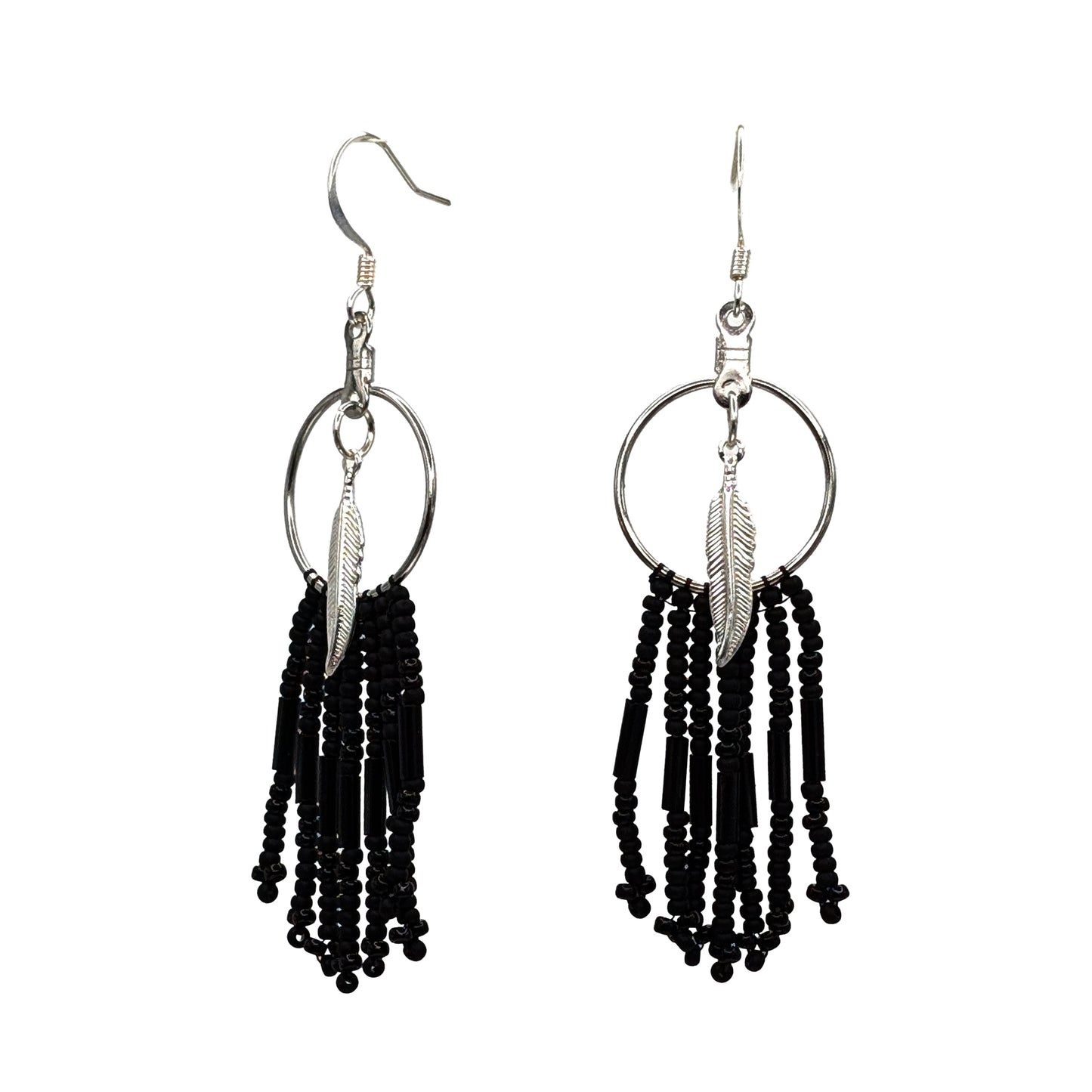 No.1 Silver Feather Black Beaded Fringe Earrings