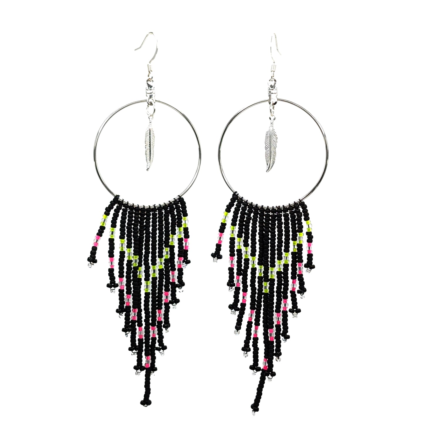 Geometric Neon Yellow, Pink & Black Beaded Fringe Earrings