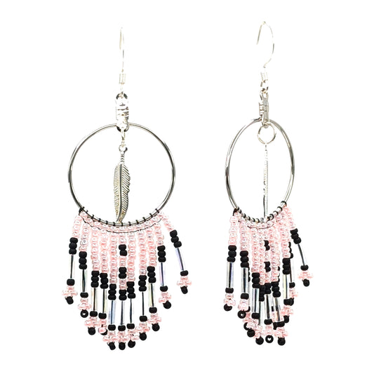 Black & Pink Chevron Med Beaded Fringe Earrings