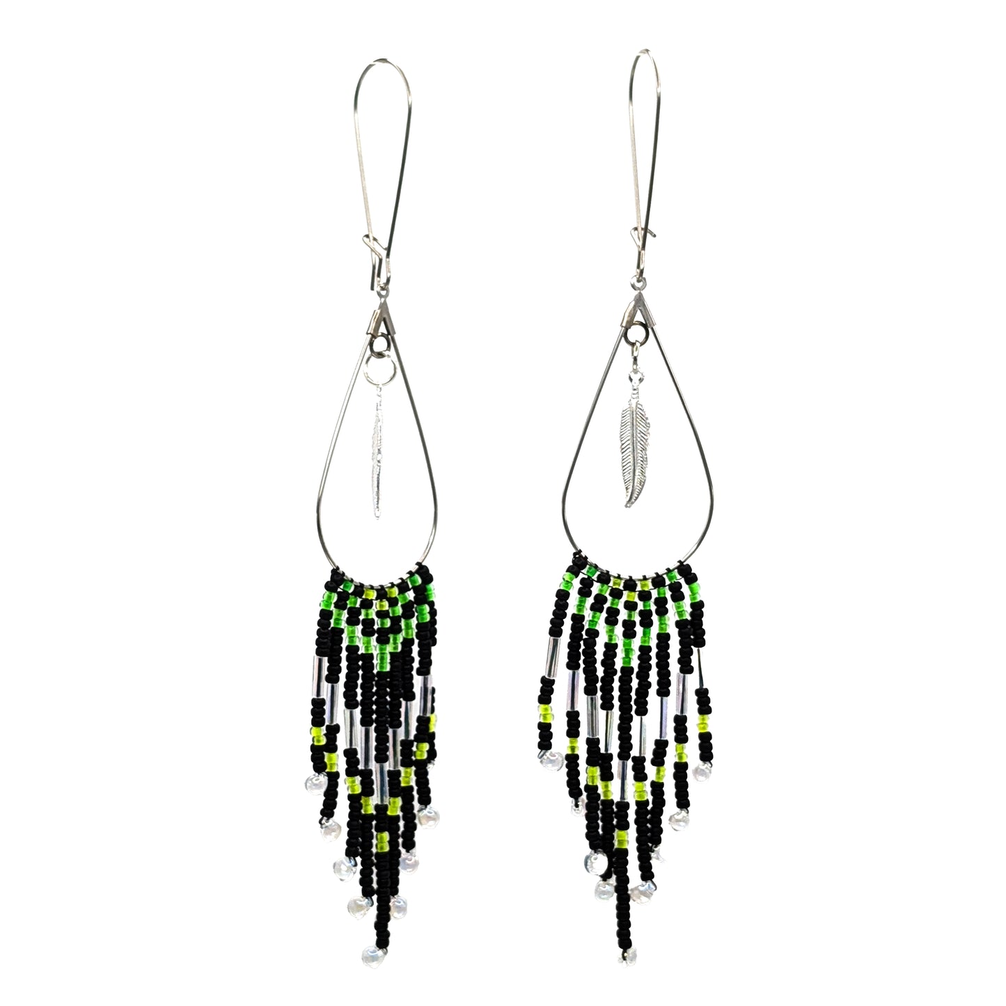 Black, Green & Yellow Teardrop Chevron Fringe Earrings