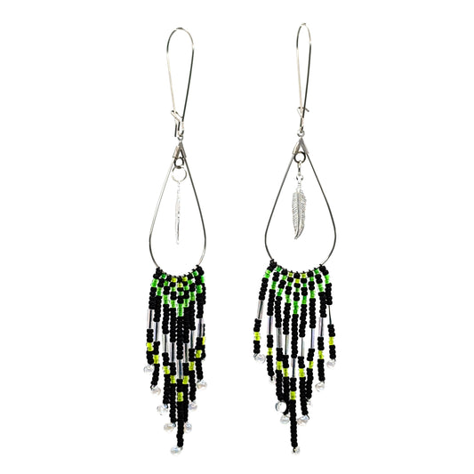 Black, Green & Yellow Teardrop Chevron Fringe Earrings