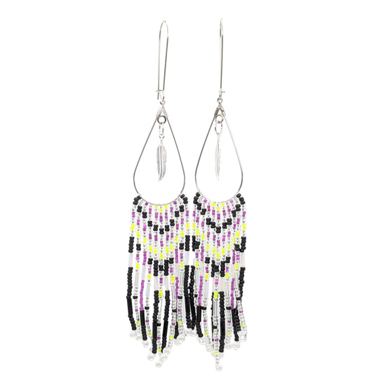 Purple & Neon Yellow Teardrop Chevron Fringe Earrings