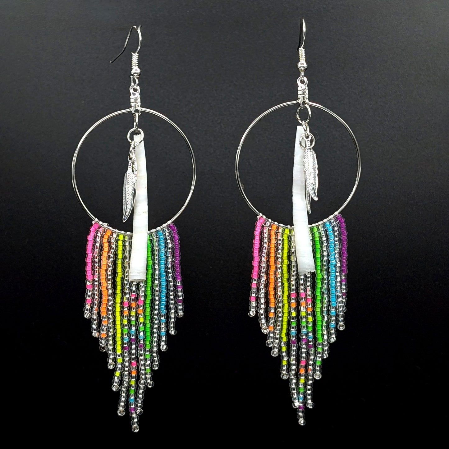 Neon Rainbow Fringe Earrings with Dentalium Charm