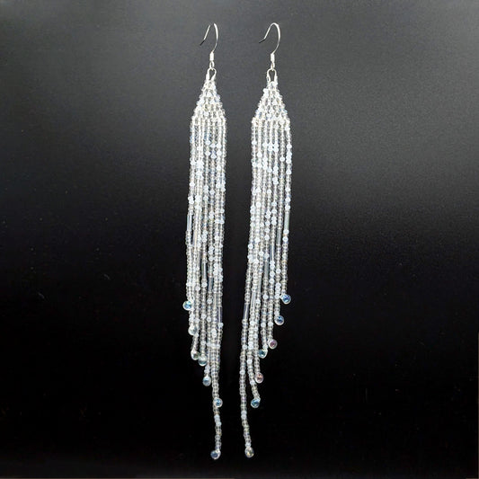 Opalescent White Dew Drop Beaded Fringe Earrings