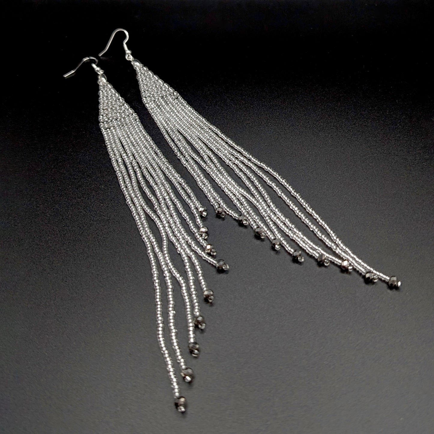 Silver Marble Inspired Beaded Xtra-Long Fringe Earrings