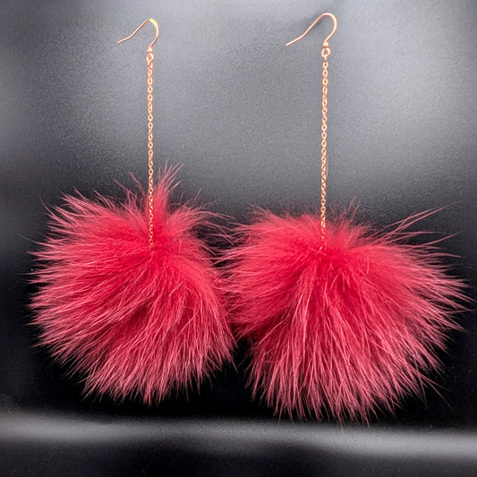 Rose Gold & Red Fox Fur Pom Dangling Earrings