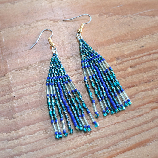 Geometric Teal Mini Beaded Fringe Earrings