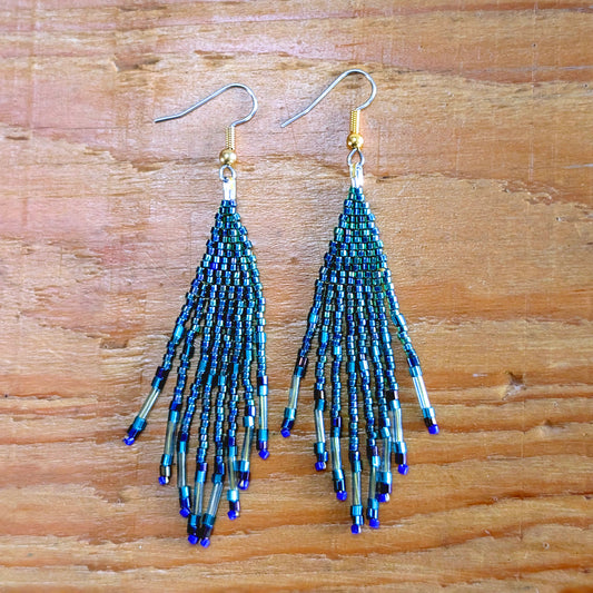 Blue-Tipped Teal Beaded Fringe Earrings