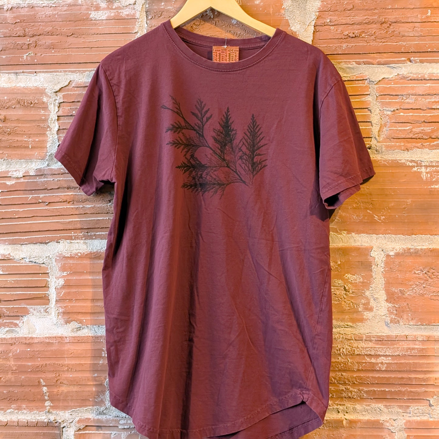 Cedar Printed Up-Cycled T-Shirt (Burgandy)