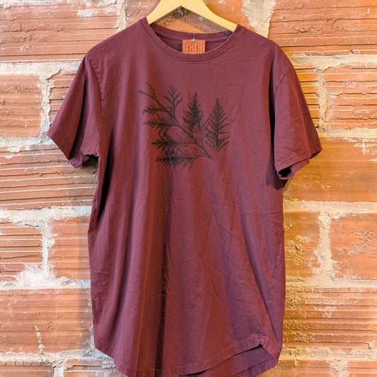 Cedar Printed Up-Cycled T-Shirt (Burgandy)