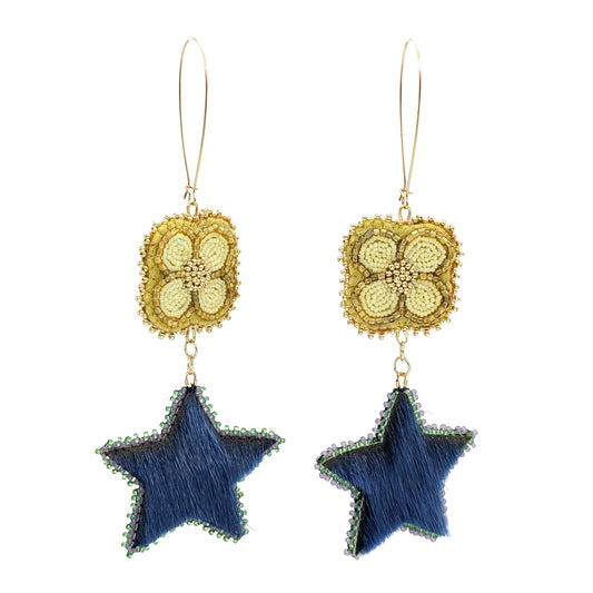 Tiered Dangling Golden Floral & Navy Seal Fur Star Earrings