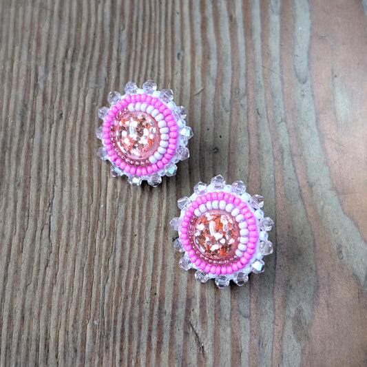 Crystal Glitter Pink Beaded Stud Earrings