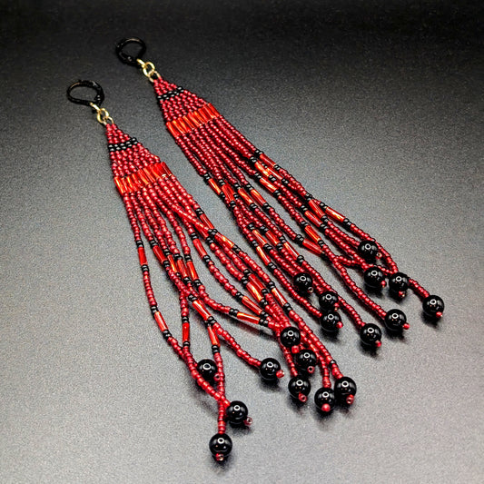 "Don't Stop" Ruby Bugle & Onyx Droplet Beaded Fringe Earrings