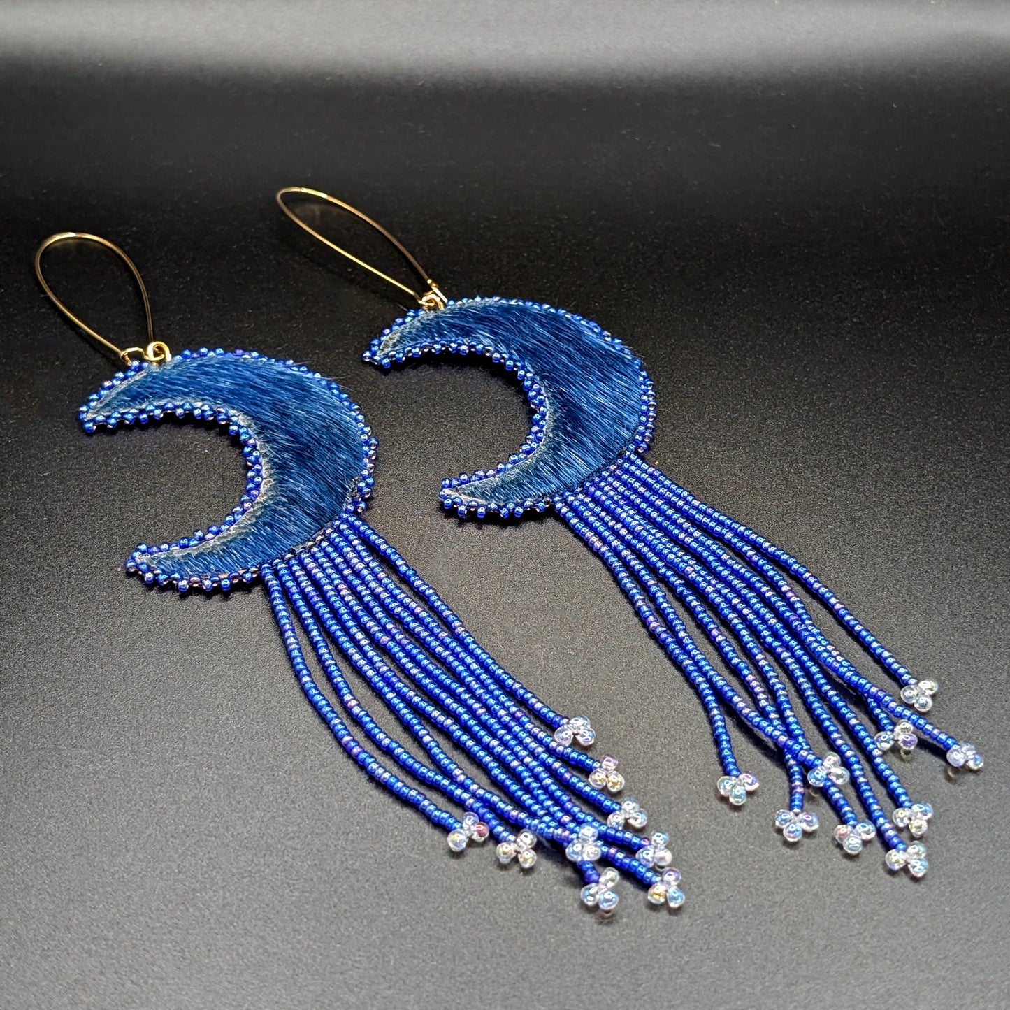 "Moonglow" Seal Fur Iridescent Beaded Fringe Earrings