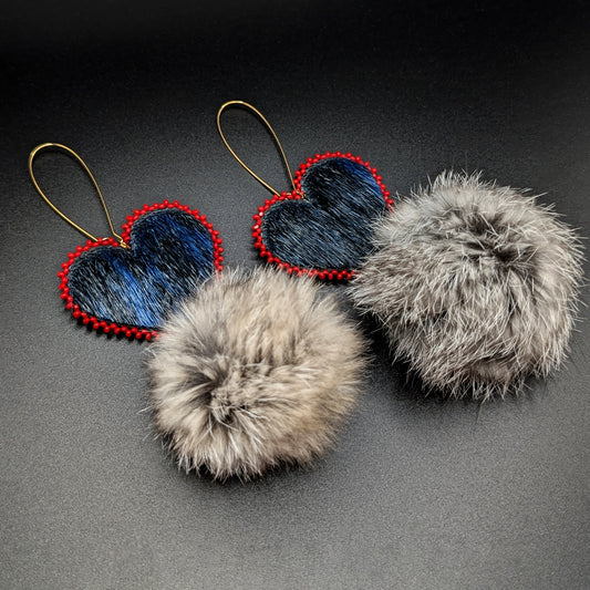 Red Lined Navy Seal Fur Heart Beaded Dangling Earrings