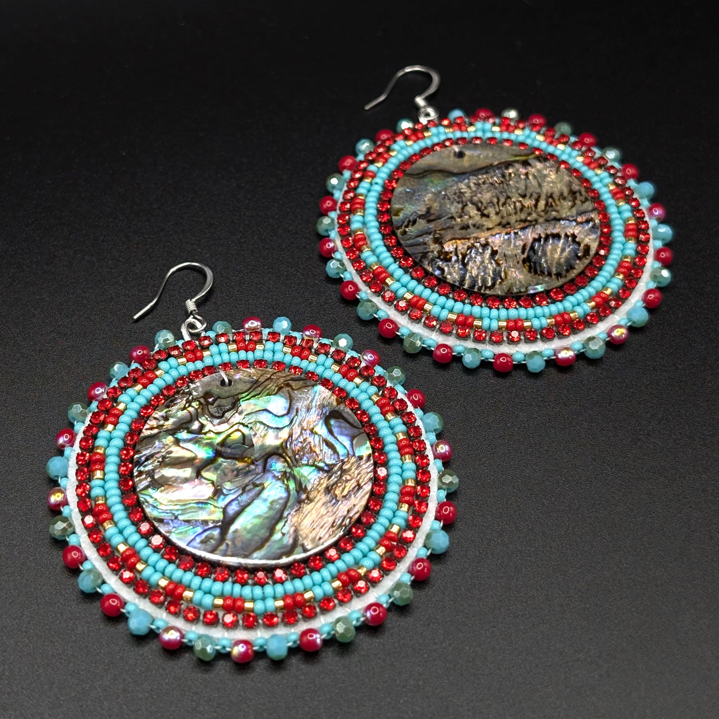 "Sea Breeze" Red & Teal Beaded Abalone Earrings