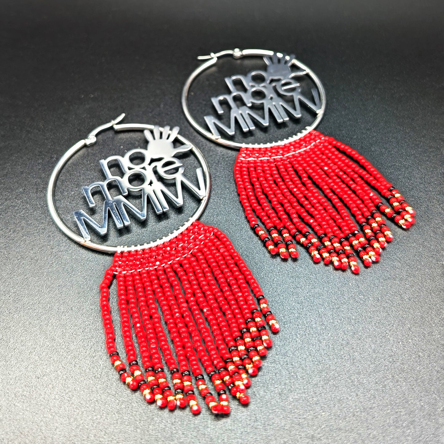 No More MMIW Hoop Earrings with Beaded Fringe