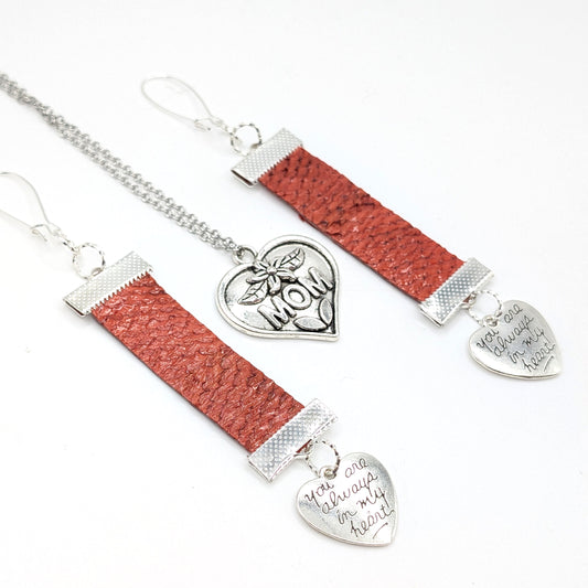 "You're Always in my Heart" Pink Salmon Leather Silver Mother's Day Jewelry Set