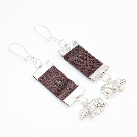 "Un-Bear-ingly Cute" Silver Mama Bear Purple Salmon Leather Dangling Earrings