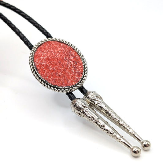 Blood Orange Salmon Leather Pendant Bolo Tie in Silver