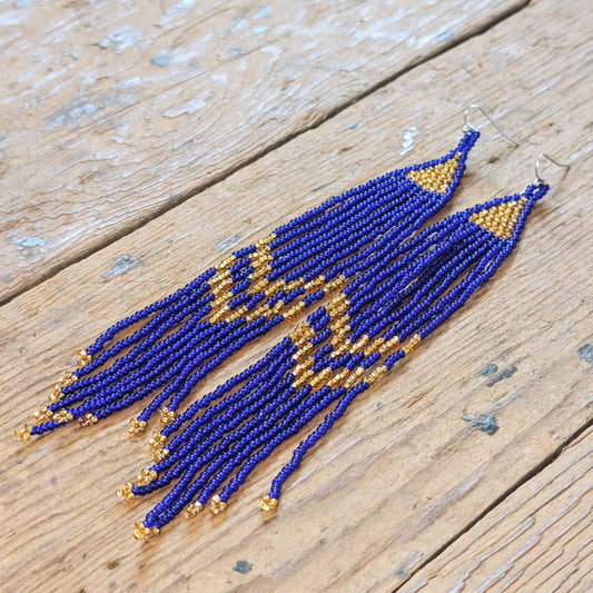 "Celestial Night Time Blues" Beaded Fringe Earrings