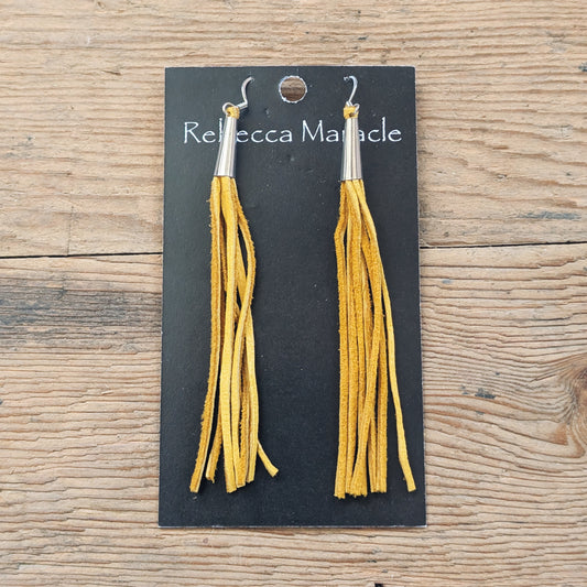 Natural Deerskin Leather Thin Fringe Earrings with Cones