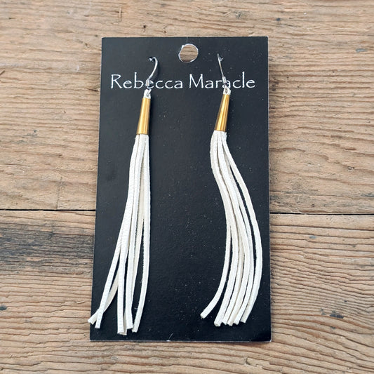 White Deerskin Leather Thin Fringe Earrings with Cones