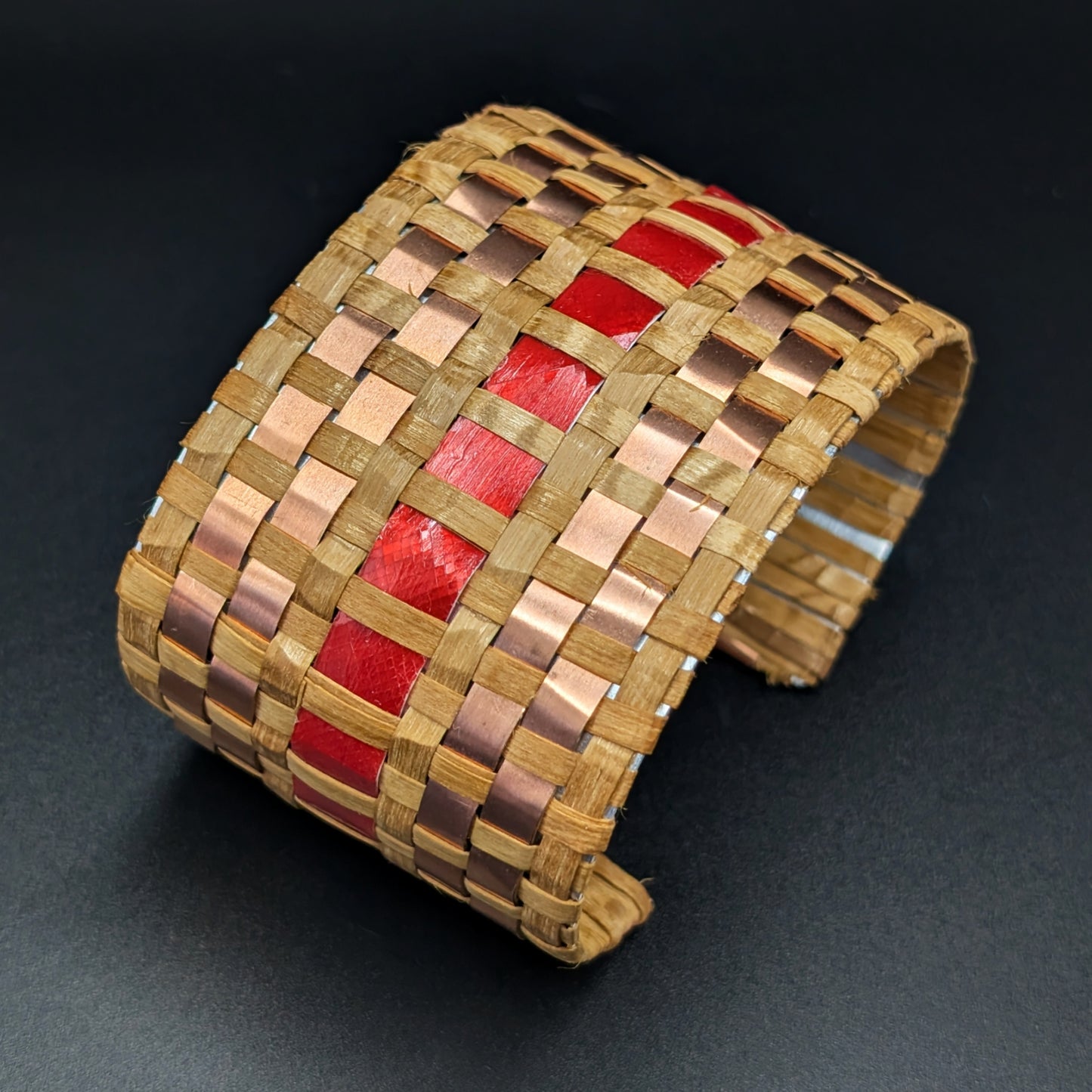Red Dyed Mother of Pearl & Red Cedar Large Cuff Bracelet with Copper Strip Inlay