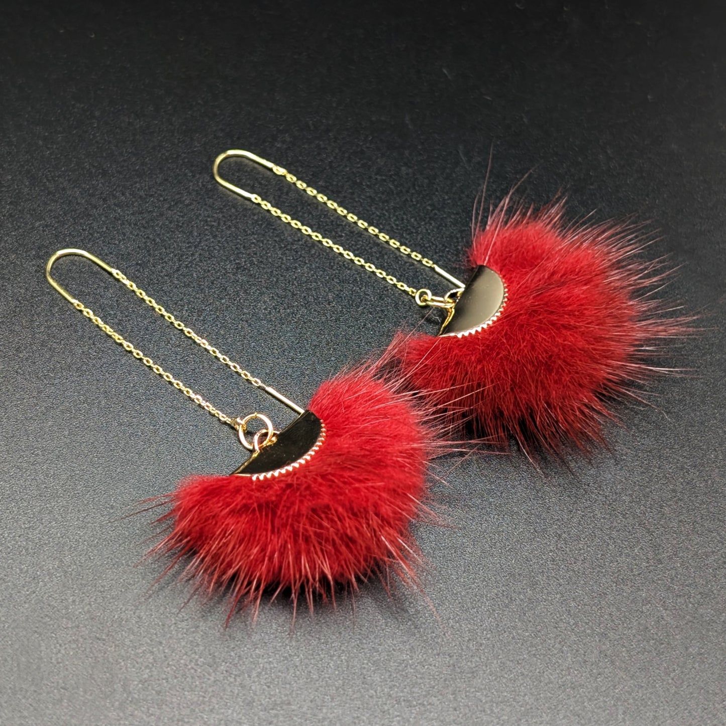 Dark Red Mink Fur Threaded Earrings