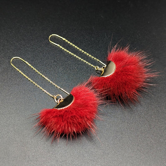Dark Red Mink Fur Threaded Earrings