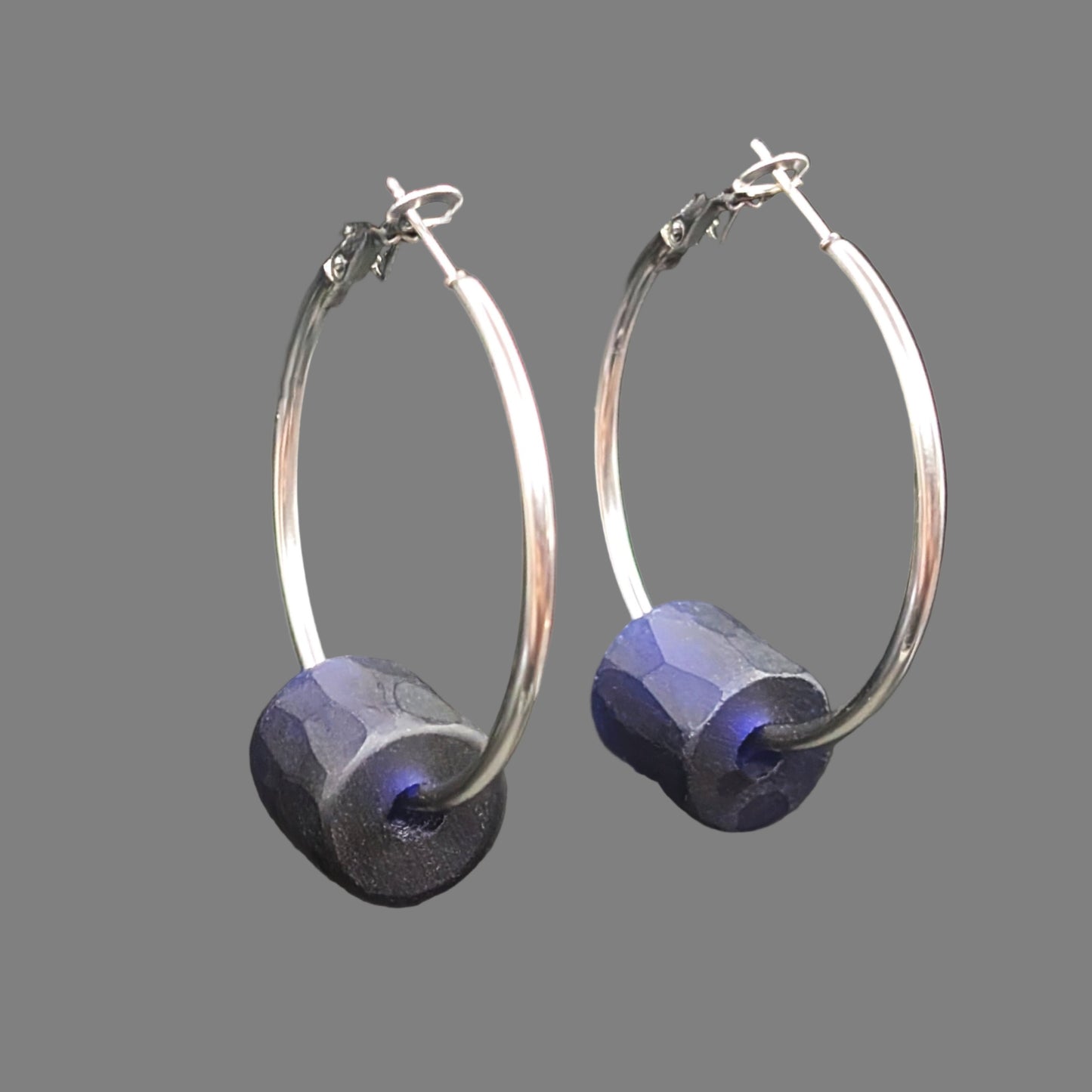 Stainless Steel Blue Trade Bead Hoop Earrings
