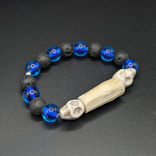 Medium Devil's Club Bead Bracelet with Lava Rock, Large Blue Beads & Skulls