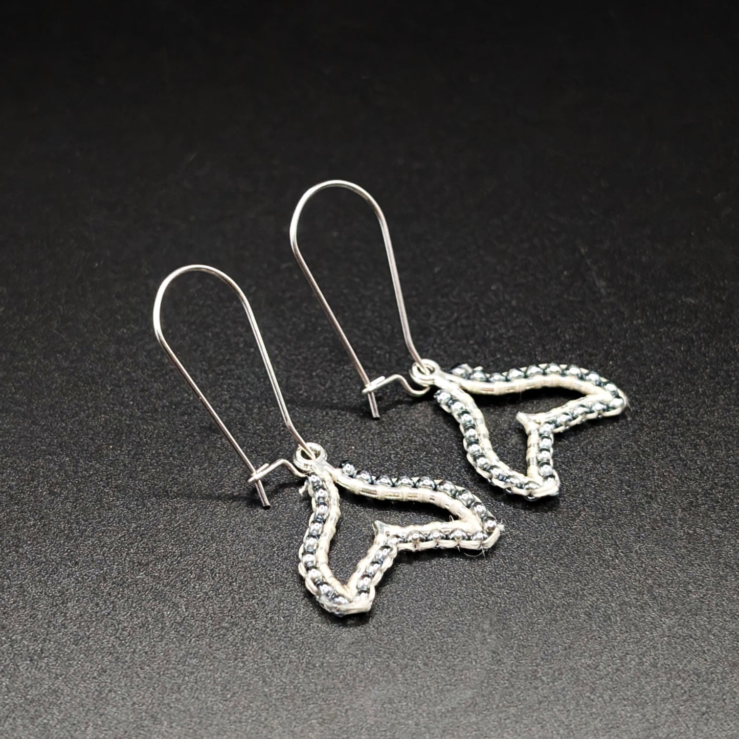 Metallic Silver Beaded Whale Tail Earrings with Kidney Hooks