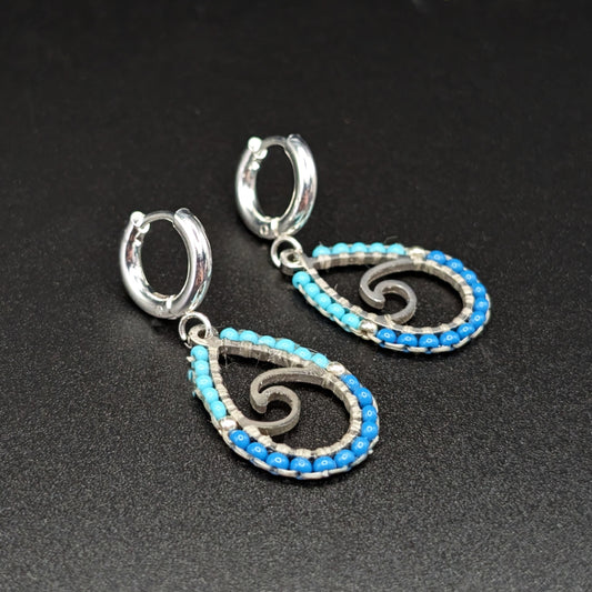 Two-Tone Blue Beaded Ocean Wave Dangling Earrings with Cuff Clasps