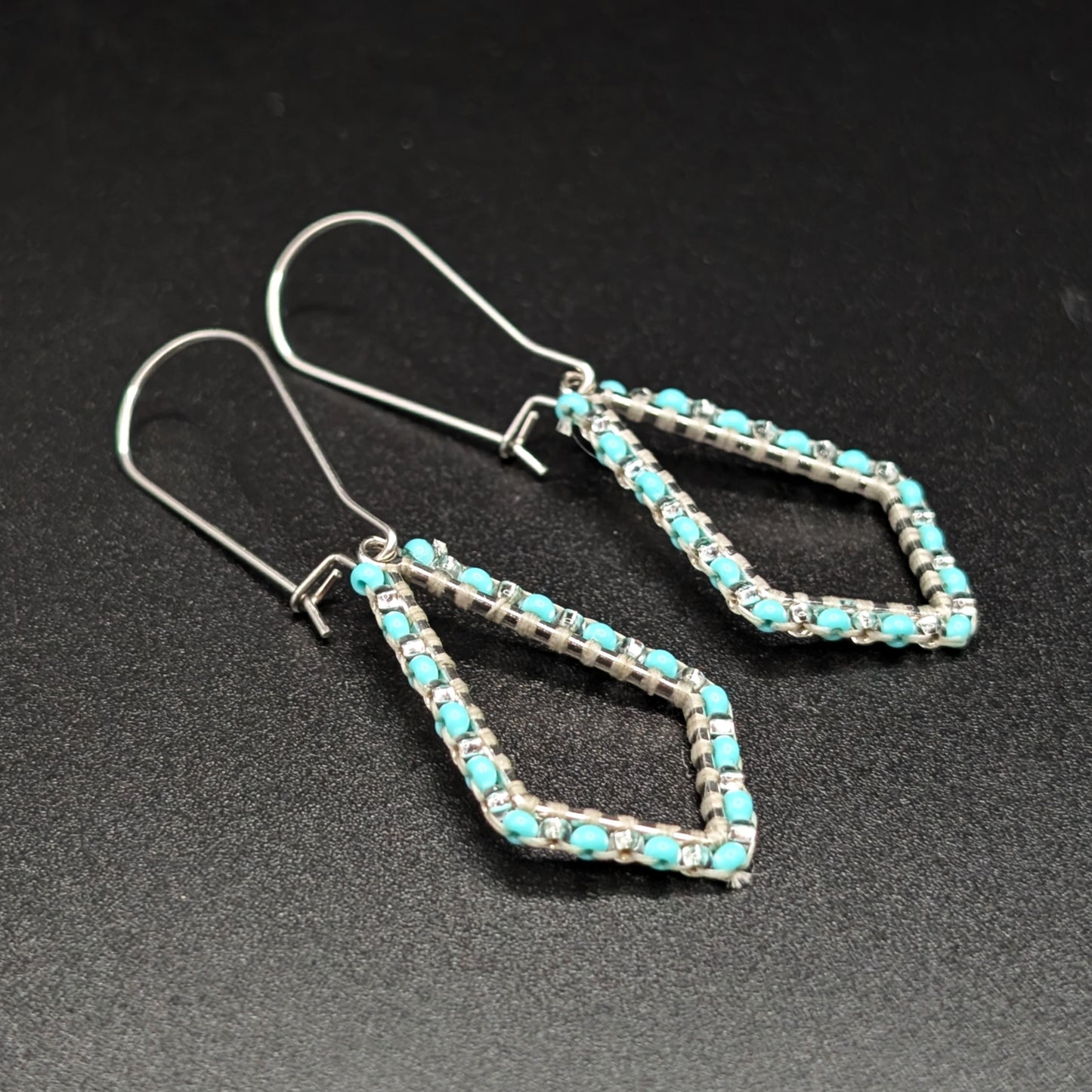 Teal & Silver Beaded Geometric Dangling Earrings with Kidney Hooks