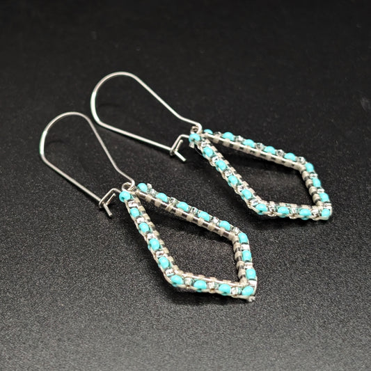 Teal & Silver Beaded Geometric Dangling Earrings with Kidney Hooks
