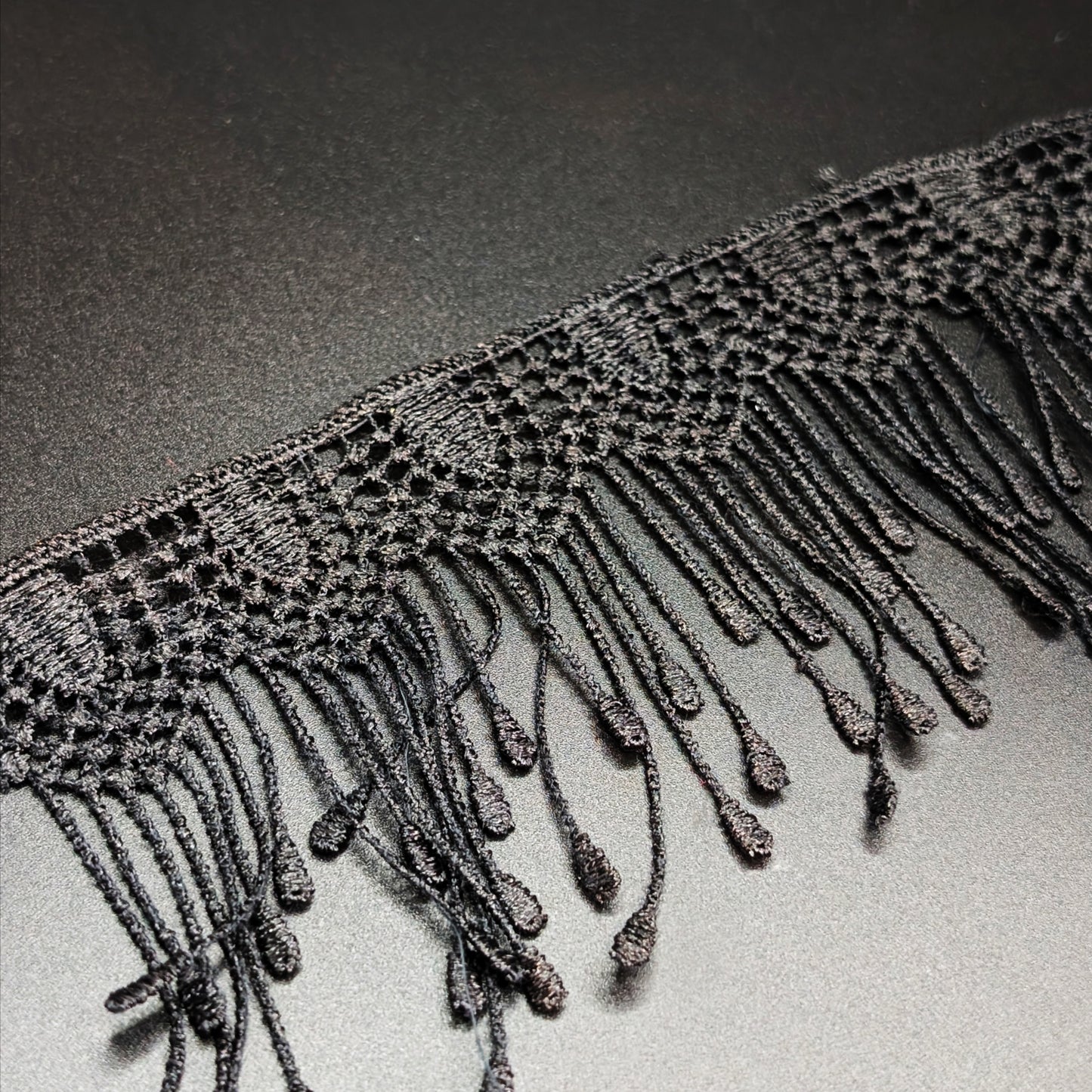 Black Embroidered Scallop Droplet Fringe Lace Trim