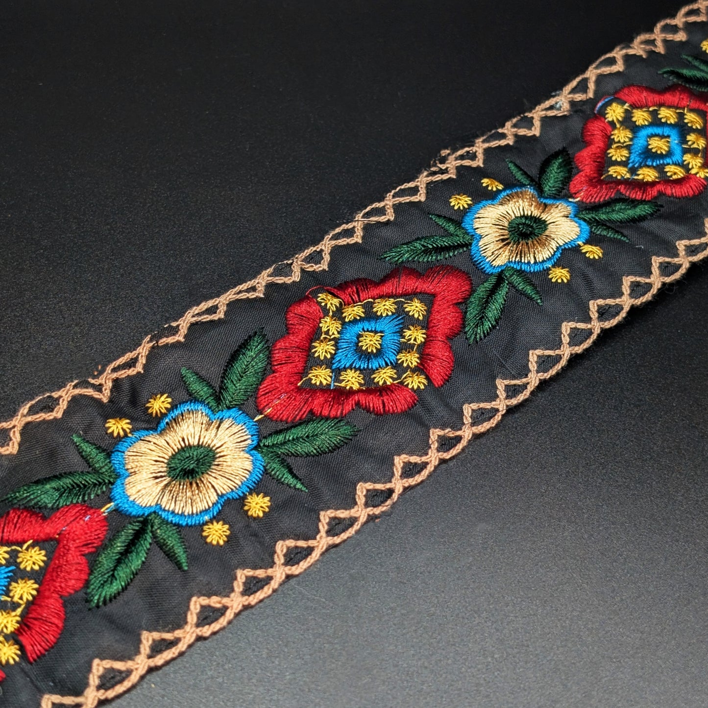 Floral Embroidered Black Lace Ribbon with Scalloped Edge